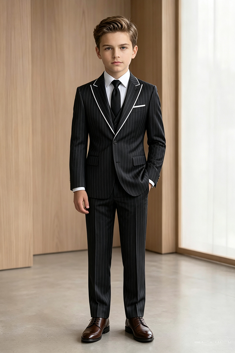 Boys Black Pinstripe Notch Lapel 2-Piece Suit for Wedding