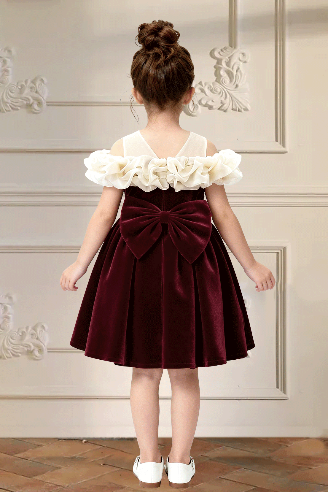 Burgundy Velvet Off Shoulder Pearl Waist & Back Big Bow Flower Girl Dress