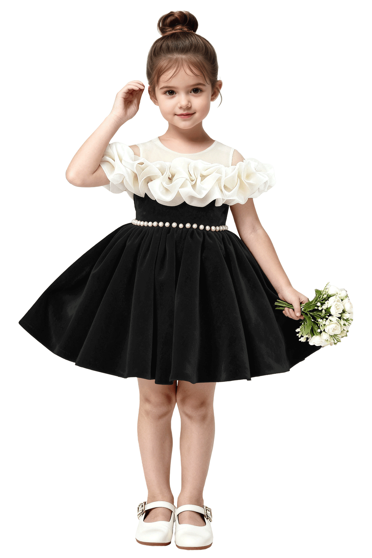 Burgundy Velvet Off Shoulder Pearl Waist & Back Big Bow Flower Girl Dress