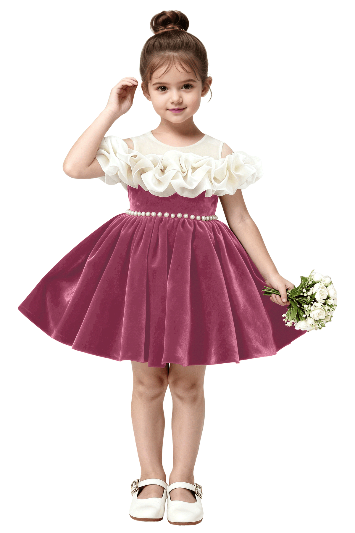 Burgundy Velvet Off Shoulder Pearl Waist & Back Big Bow Flower Girl Dress