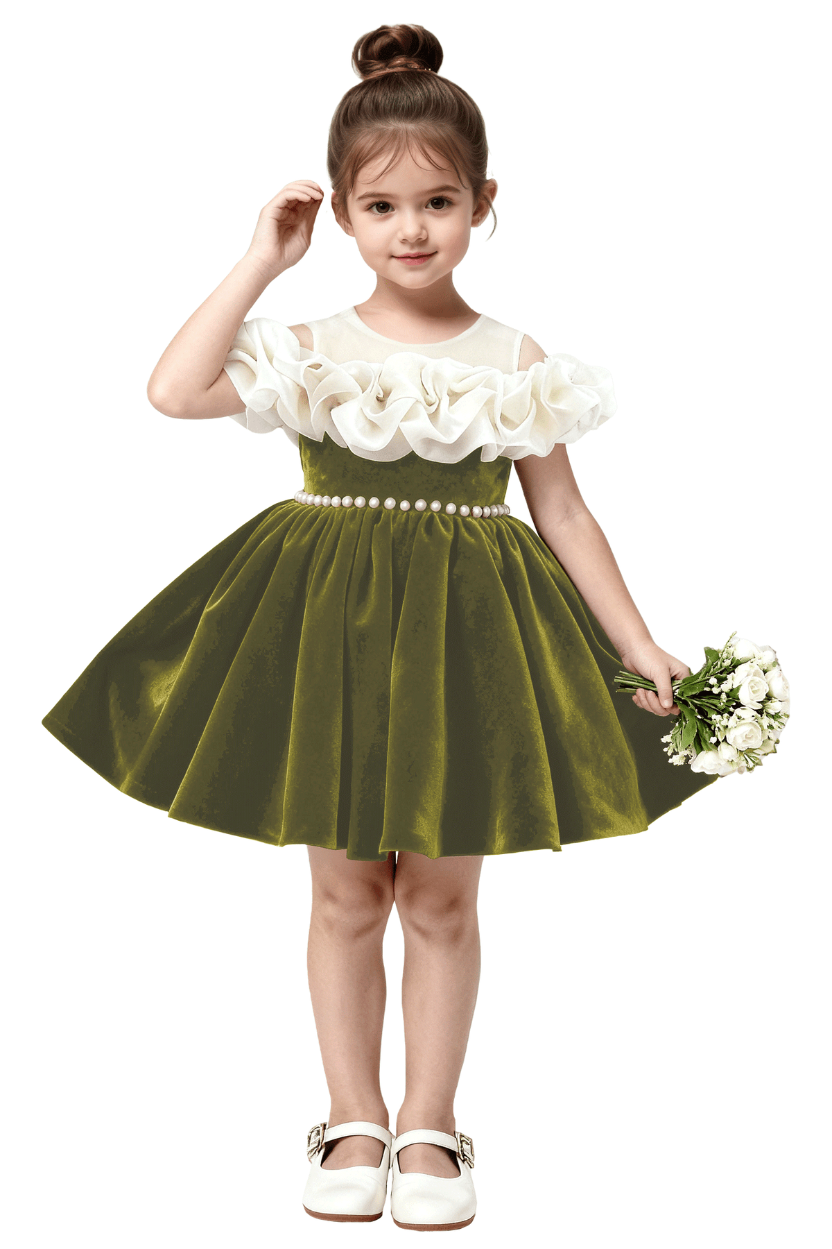 Burgundy Velvet Off Shoulder Pearl Waist & Back Big Bow Flower Girl Dress