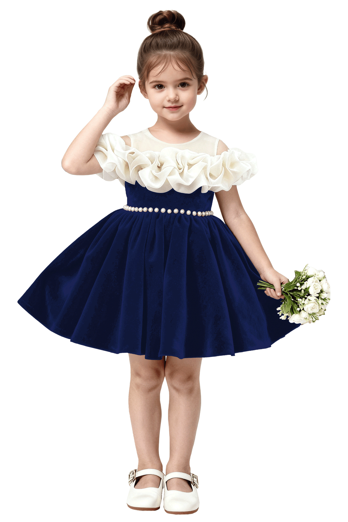 Burgundy Velvet Off Shoulder Pearl Waist & Back Big Bow Flower Girl Dress