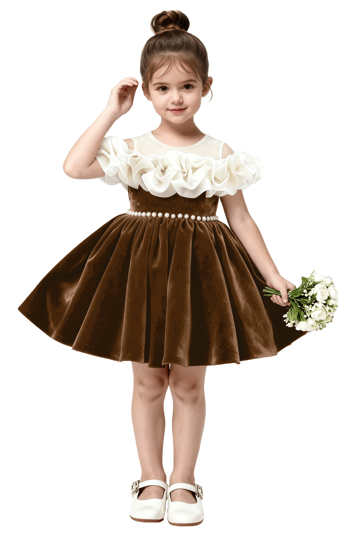 Burgundy Velvet Off Shoulder Pearl Waist & Back Big Bow Flower Girl Dress
