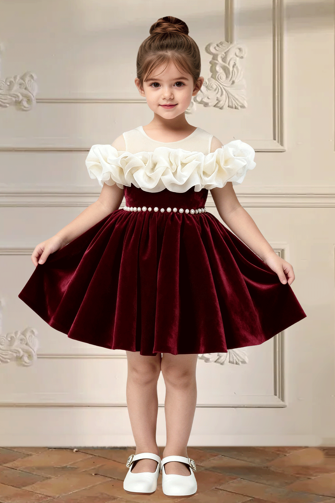 Burgundy Velvet Off Shoulder Pearl Waist & Back Big Bow Flower Girl Dress
