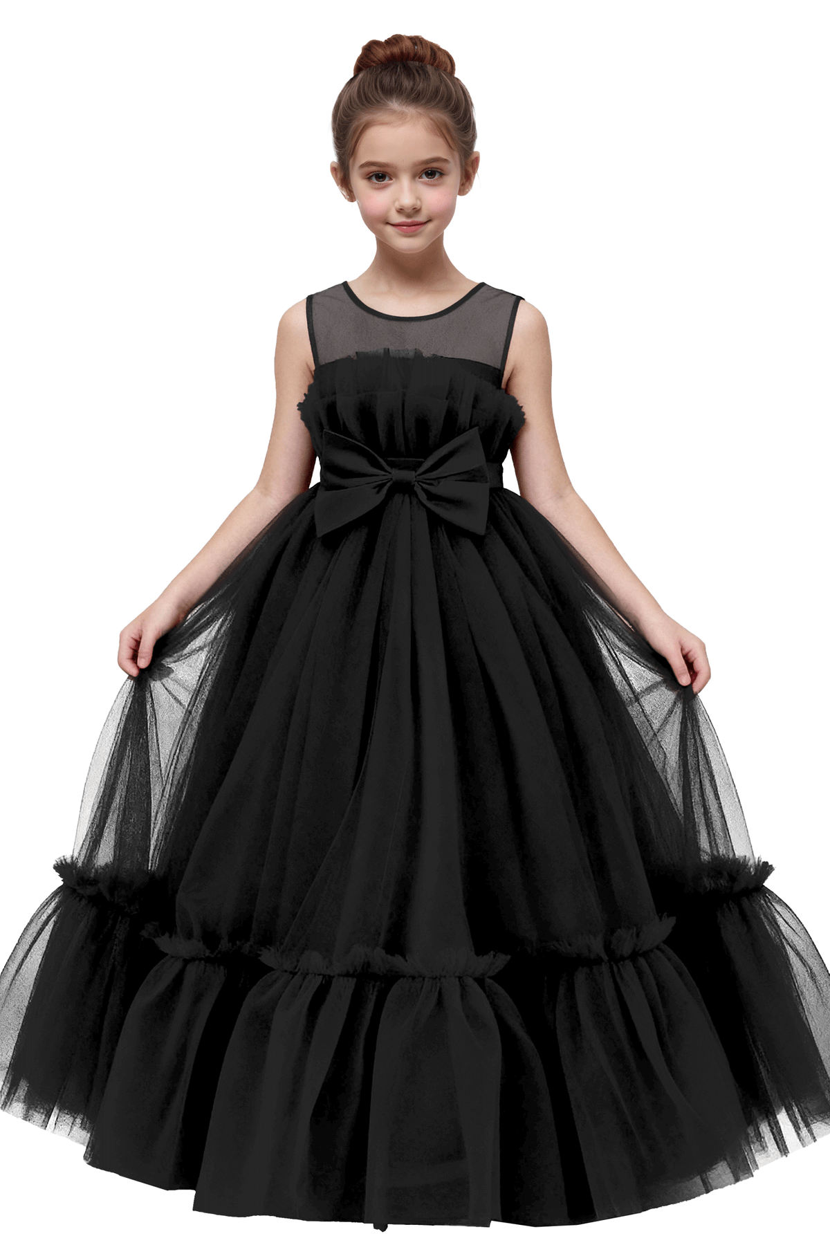 Burgundy Sleeveless Tulle Satin Bow Long Formal Gown Flower Girl Dress