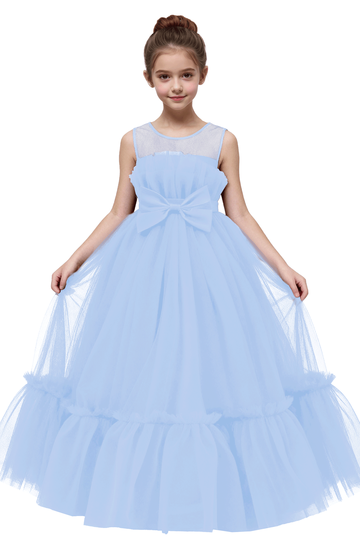 Burgundy Sleeveless Tulle Satin Bow Long Formal Gown Flower Girl Dress