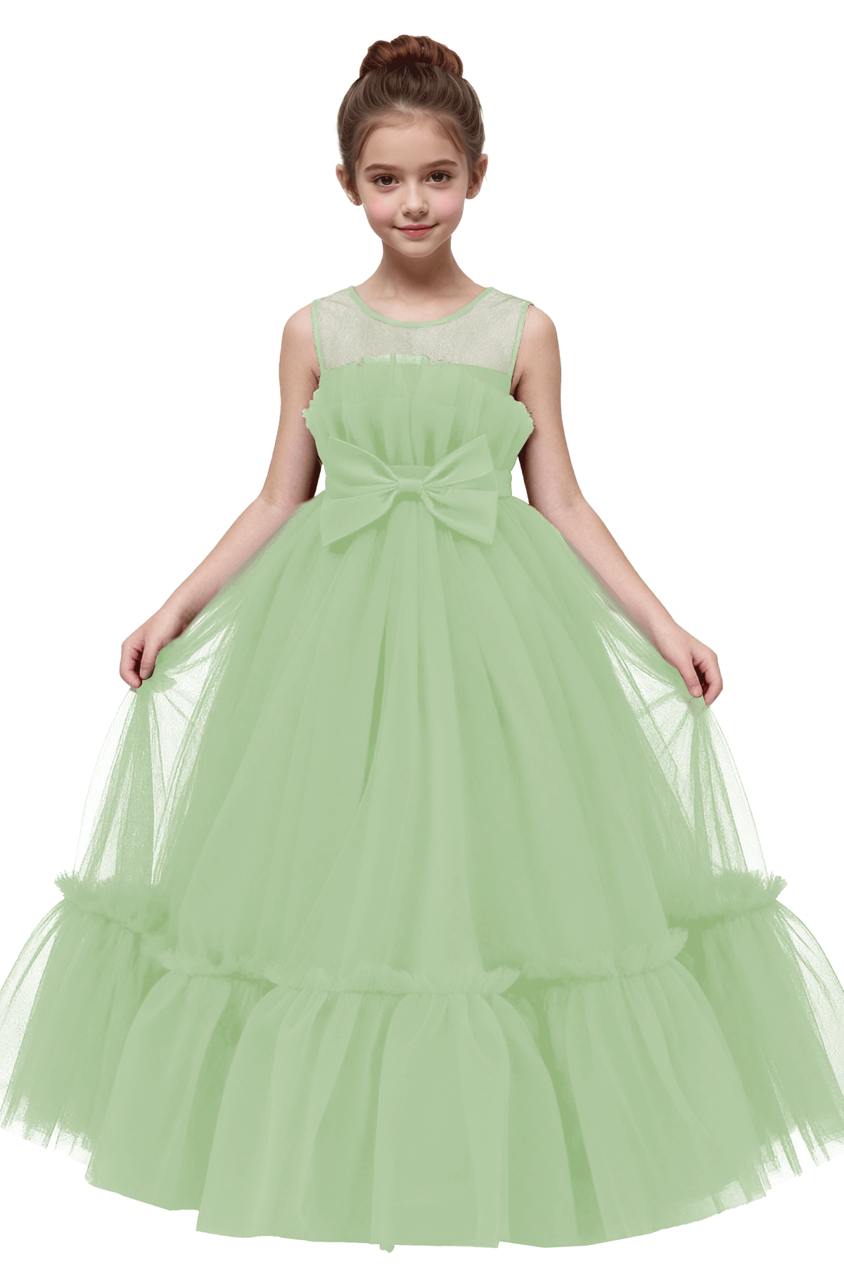 Burgundy Sleeveless Tulle Satin Bow Long Formal Gown Flower Girl Dress