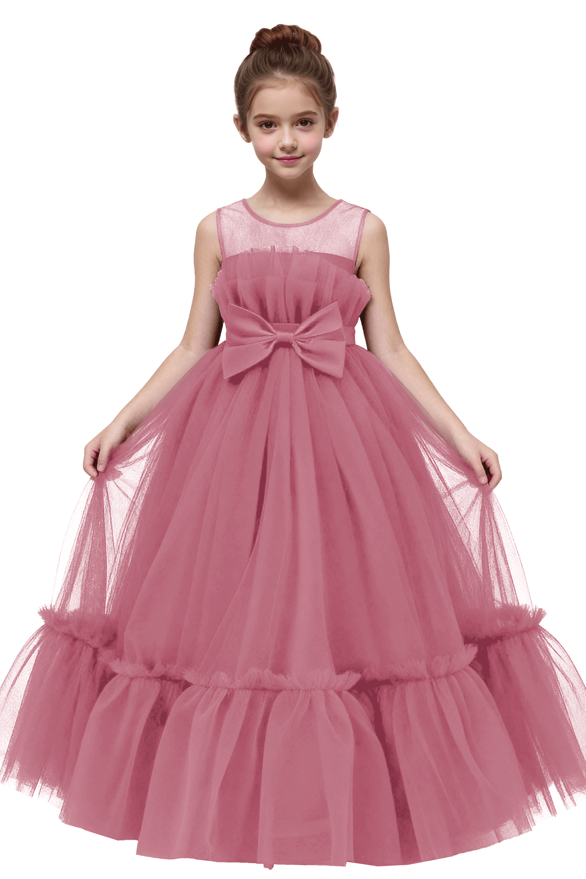 Burgundy Sleeveless Tulle Satin Bow Long Formal Gown Flower Girl Dress