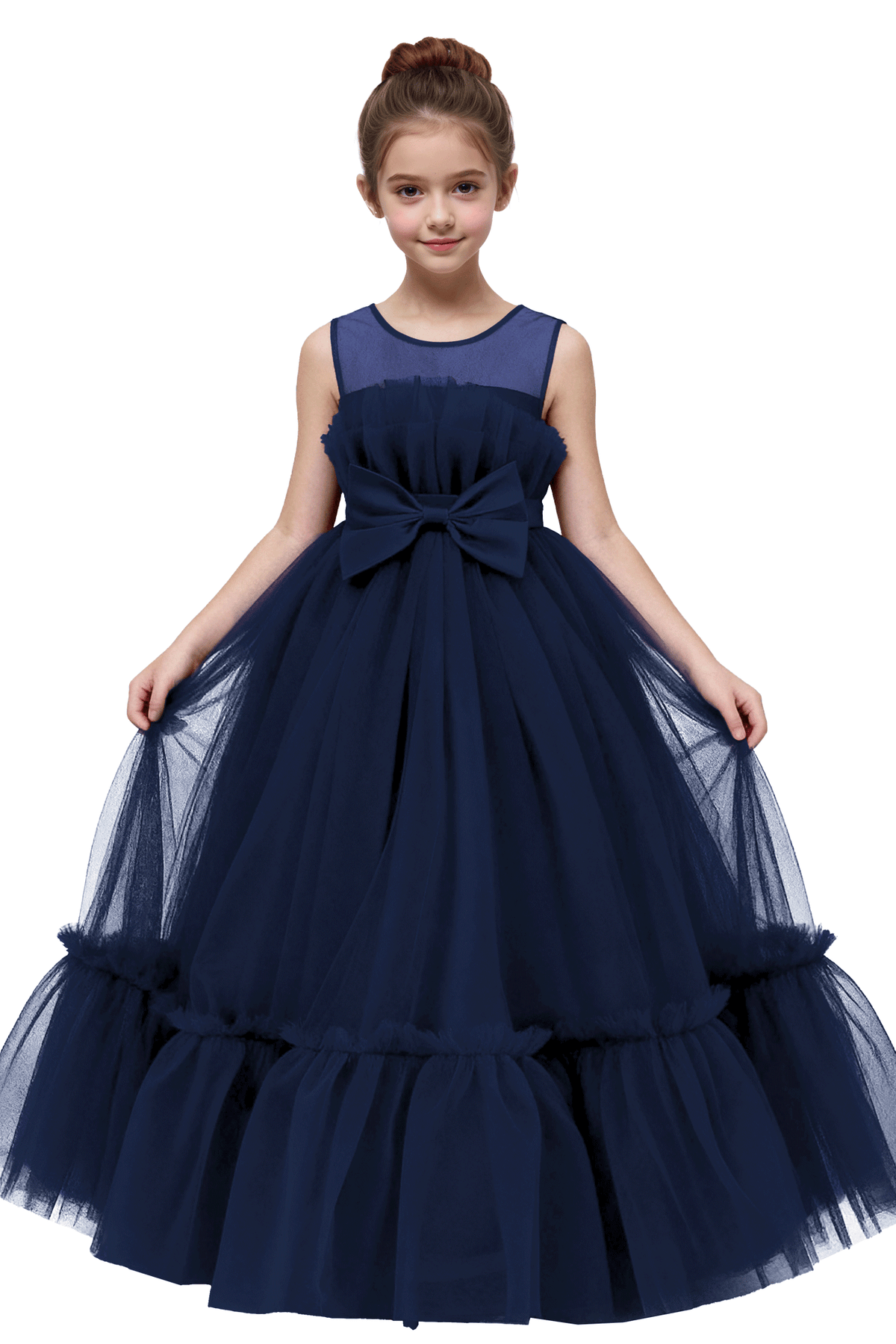 Burgundy Sleeveless Tulle Satin Bow Long Formal Gown Flower Girl Dress