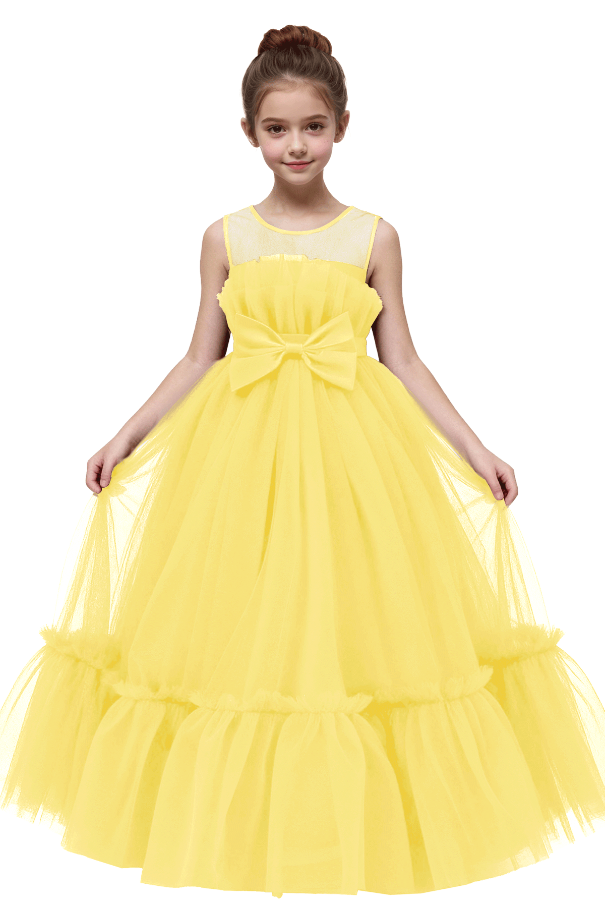Burgundy Sleeveless Tulle Satin Bow Long Formal Gown Flower Girl Dress