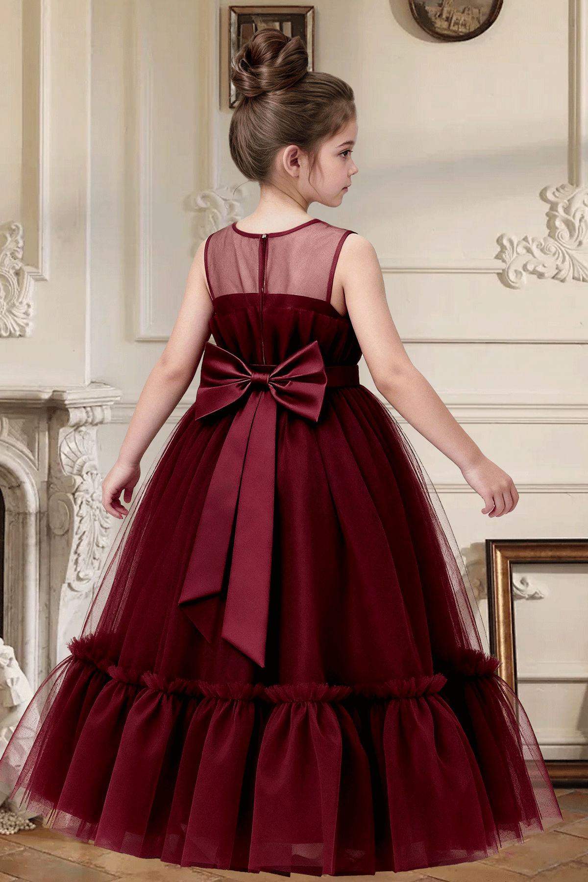 Burgundy Sleeveless Tulle Satin Bow Long Formal Gown Flower Girl Dress