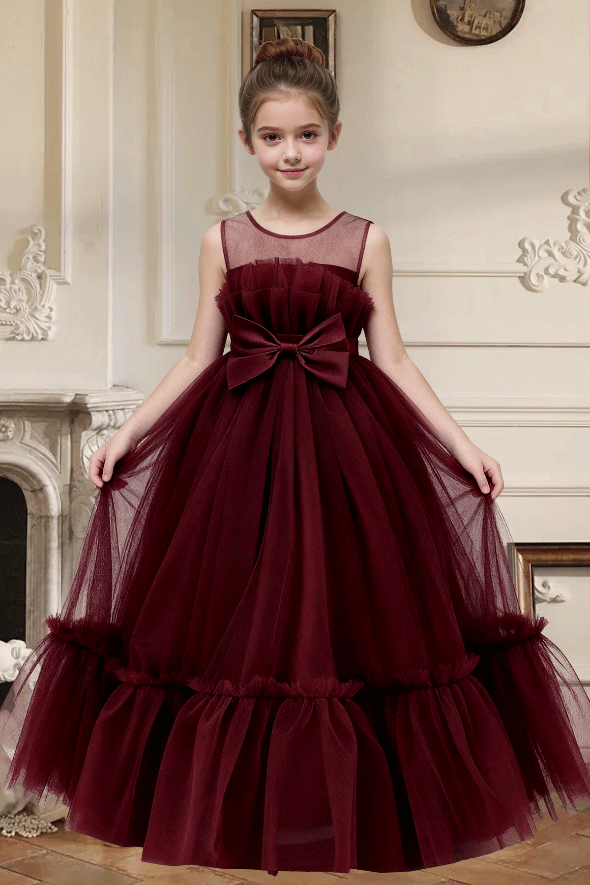 Burgundy Sleeveless Tulle Satin Bow Long Formal Gown Flower Girl Dress