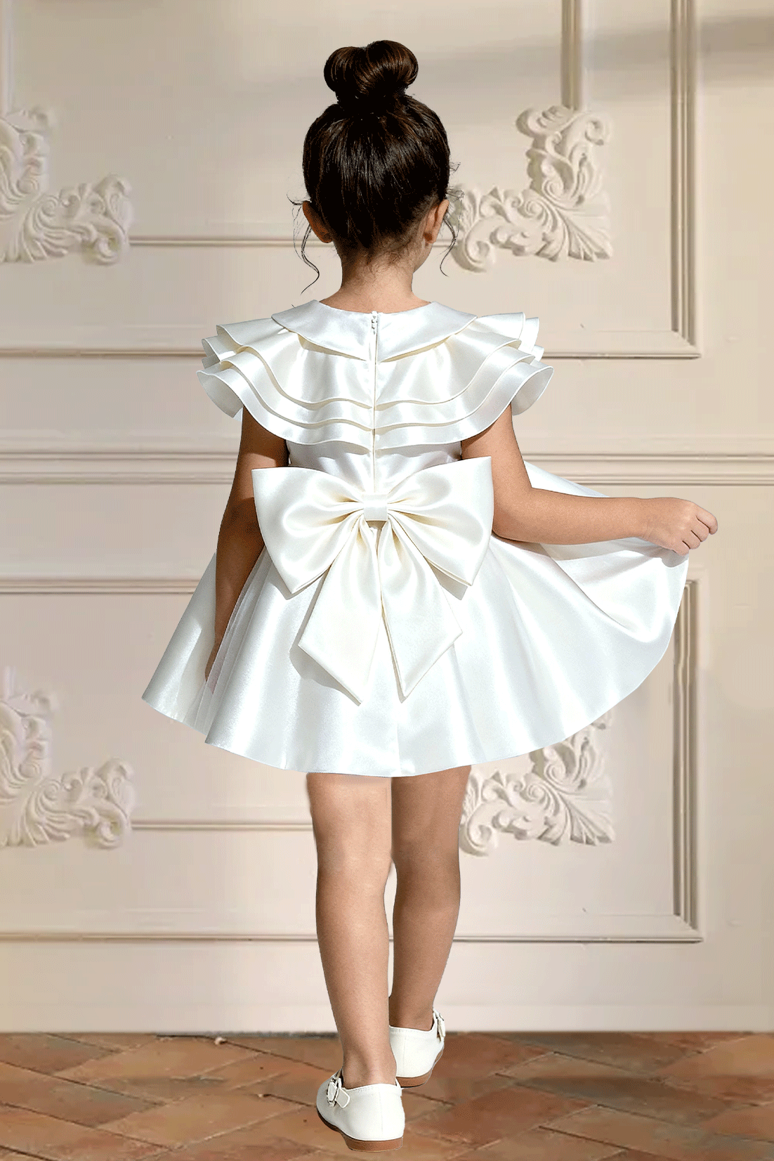 Ivory Satin V Neck Ruffle Cape Sleeves Bow A-Line Flower Girl Dress
