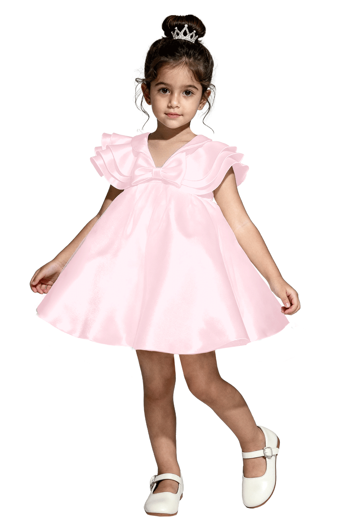 Ivory Satin V Neck Ruffle Cape Sleeves Bow A-Line Flower Girl Dress
