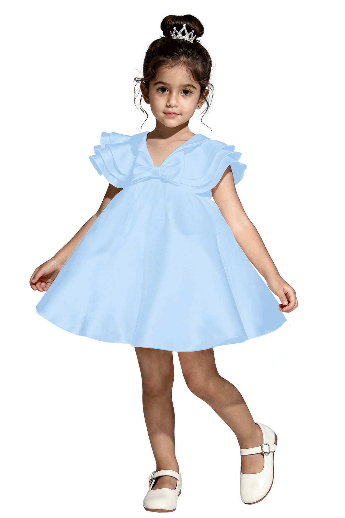 Ivory Satin V Neck Ruffle Cape Sleeves Bow A-Line Flower Girl Dress
