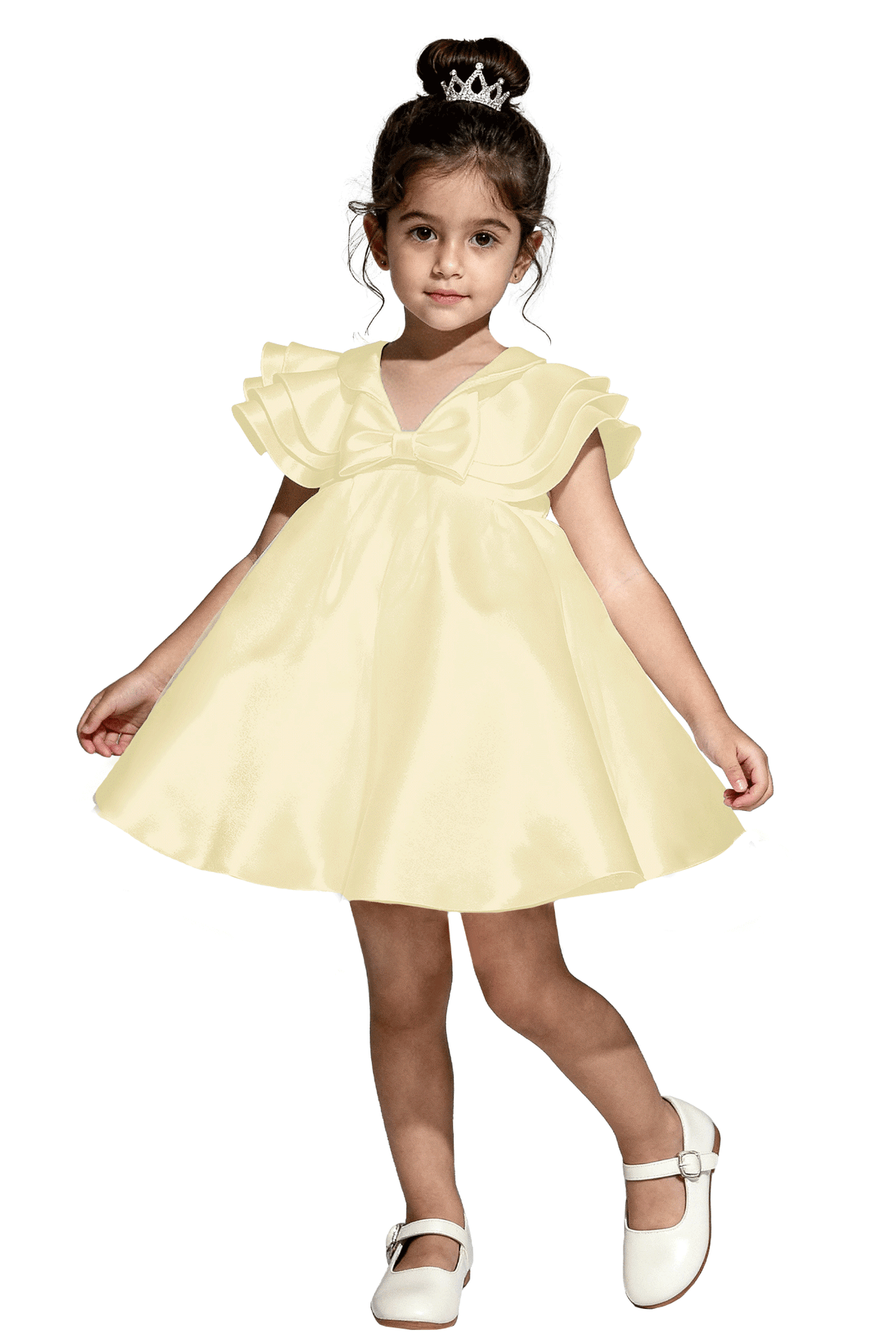 Ivory Satin V Neck Ruffle Cape Sleeves Bow A-Line Flower Girl Dress