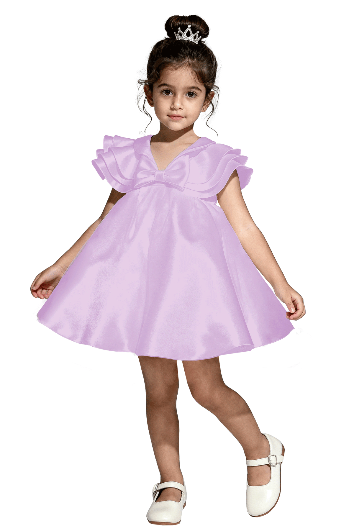 Ivory Satin V Neck Ruffle Cape Sleeves Bow A-Line Flower Girl Dress