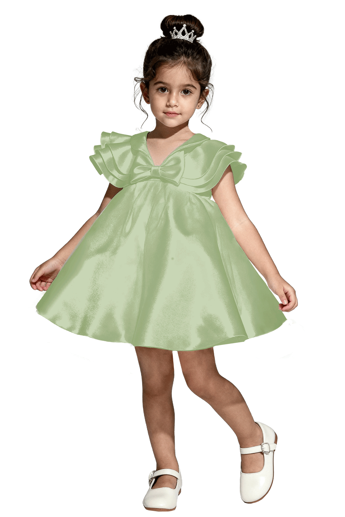 Ivory Satin V Neck Ruffle Cape Sleeves Bow A-Line Flower Girl Dress