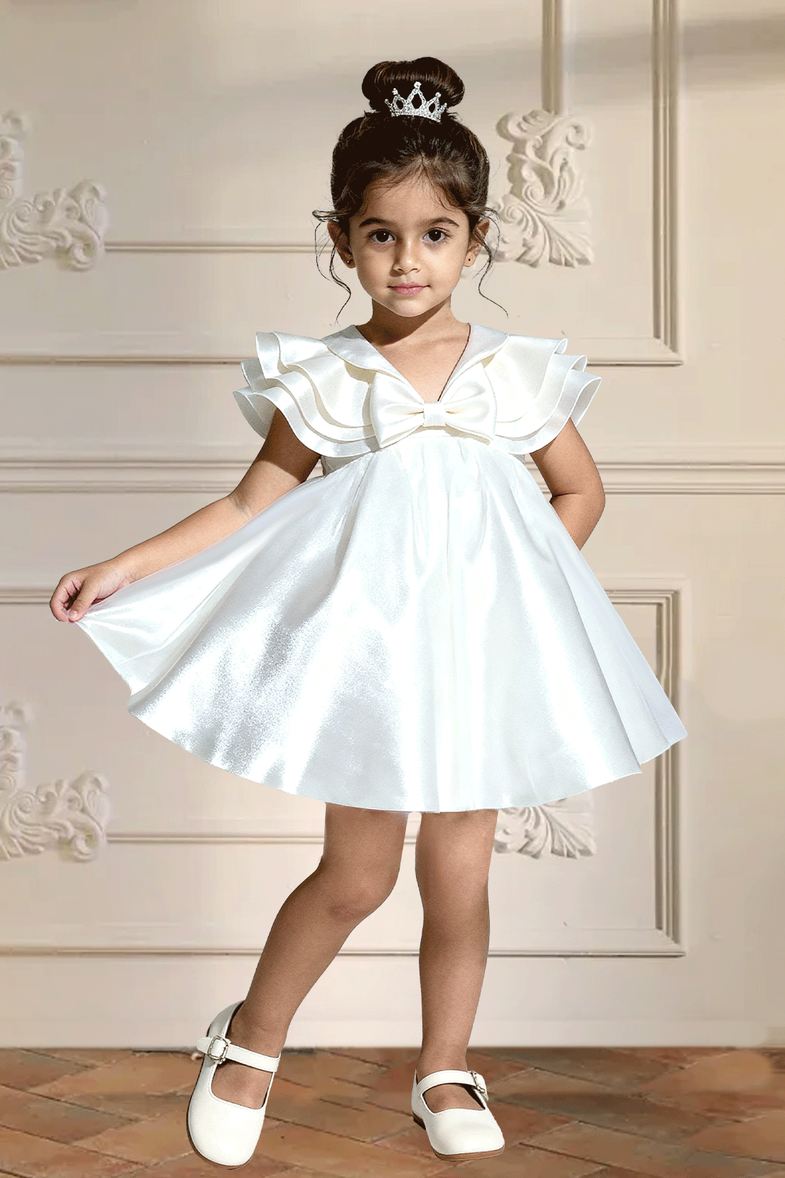 Ivory Satin V Neck Ruffle Cape Sleeves Bow A-Line Flower Girl Dress