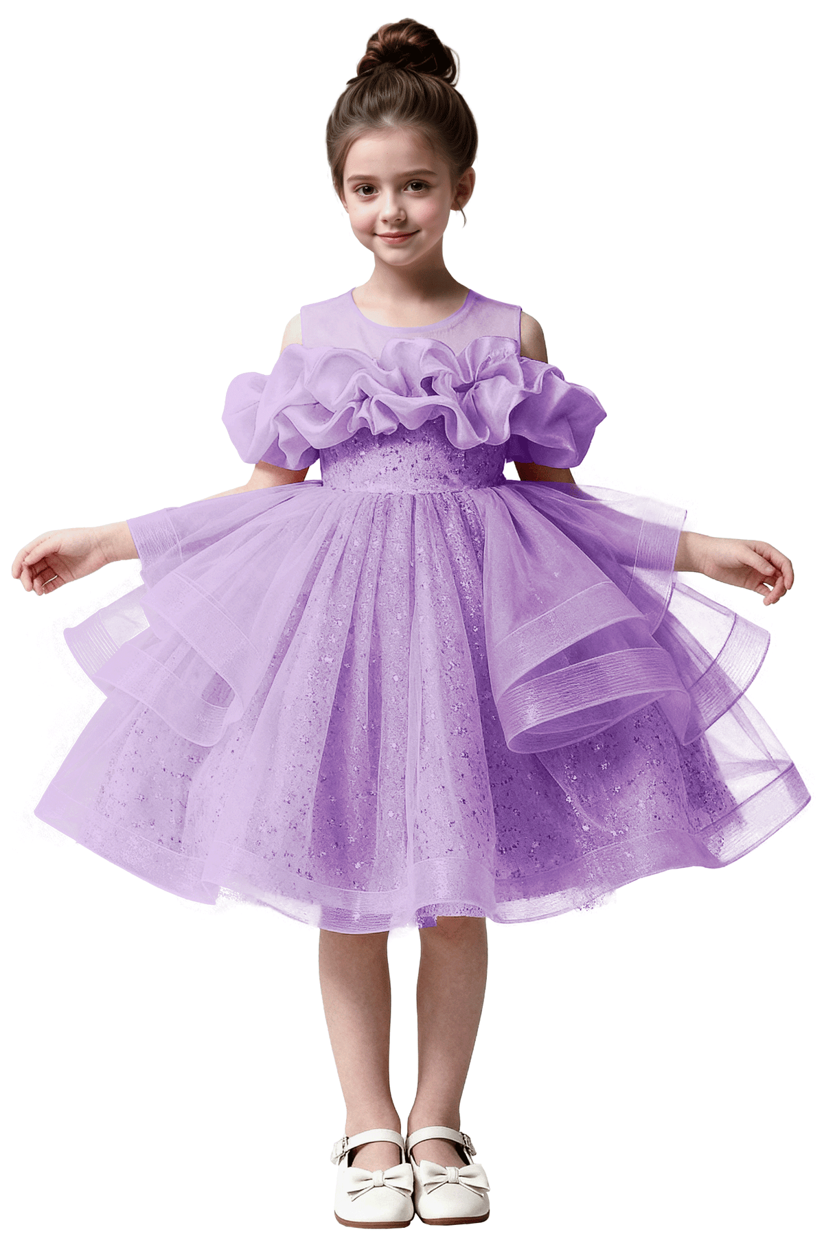 Pink Sequin Tulle Off Shoulder Ruffle A-Line Party Flower Girl Dress