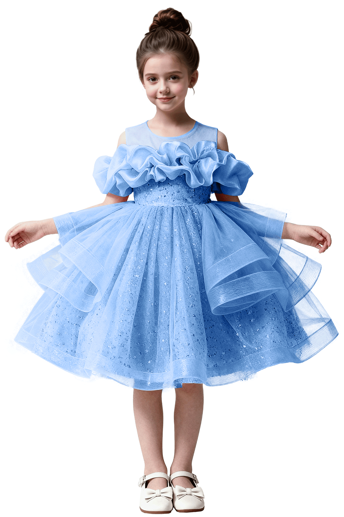 Pink Sequin Tulle Off Shoulder Ruffle A-Line Party Flower Girl Dress