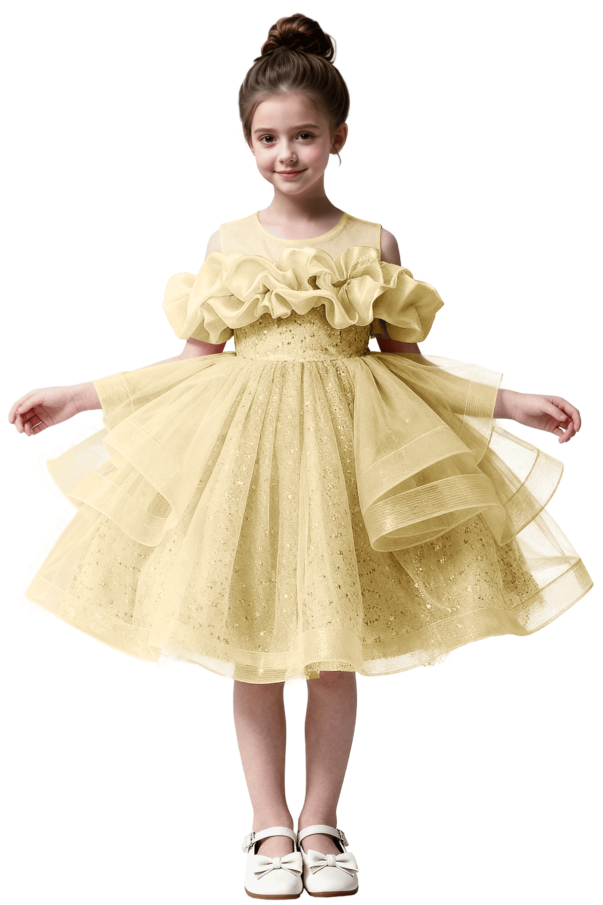 Pink Sequin Tulle Off Shoulder Ruffle A-Line Party Flower Girl Dress
