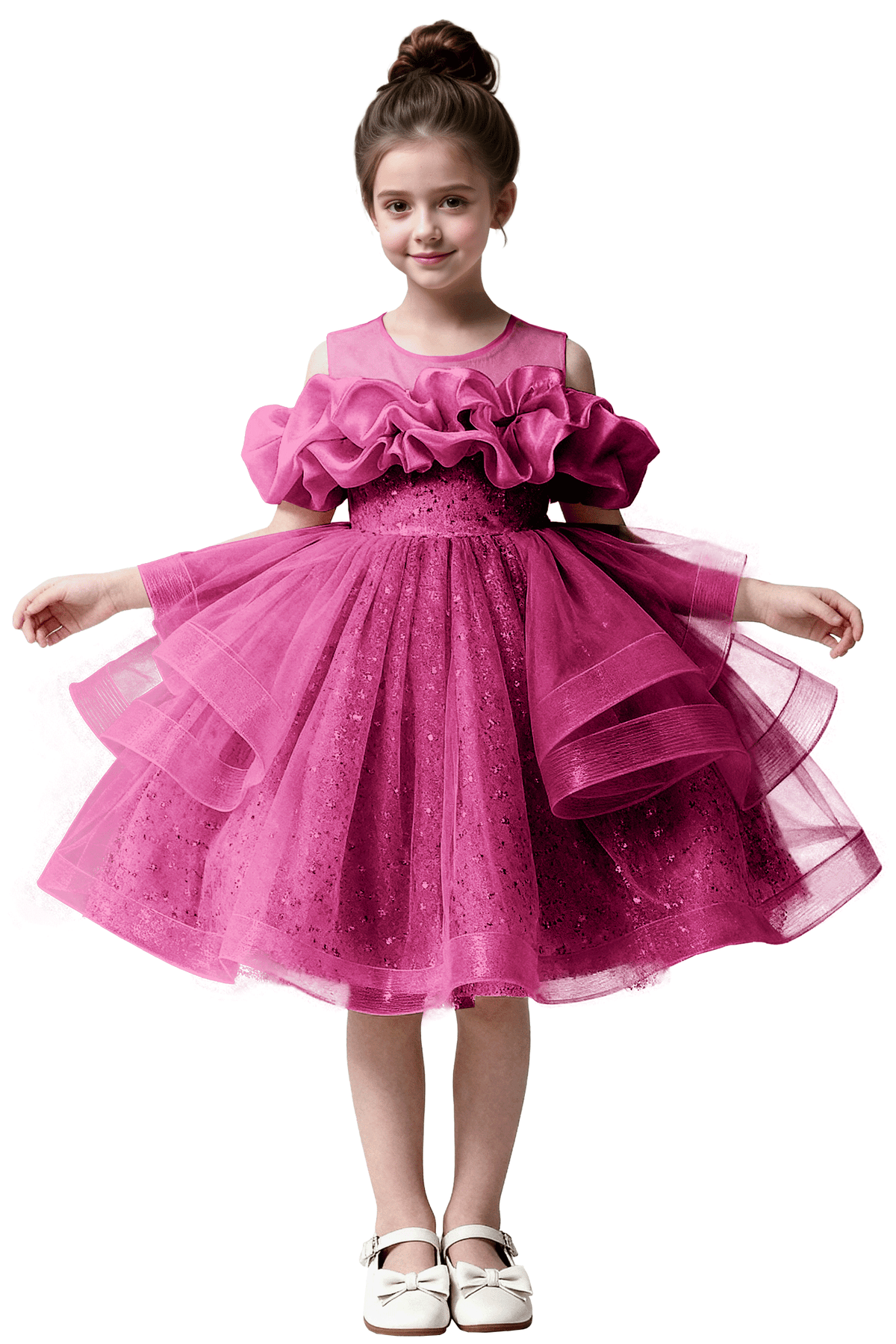 Pink Sequin Tulle Off Shoulder Ruffle A-Line Party Flower Girl Dress