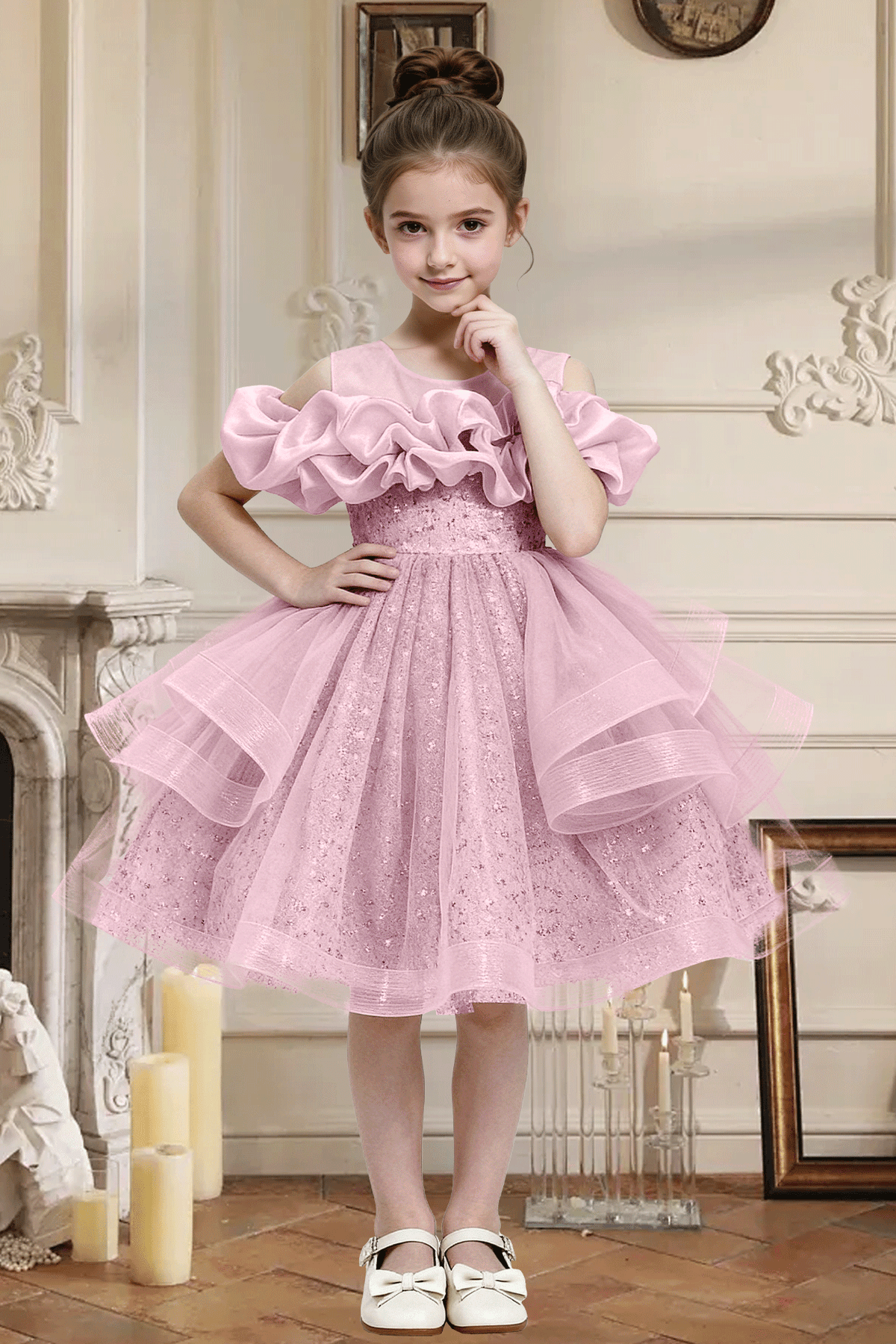 Pink Sequin Tulle Off Shoulder Ruffle A-Line Party Flower Girl Dress
