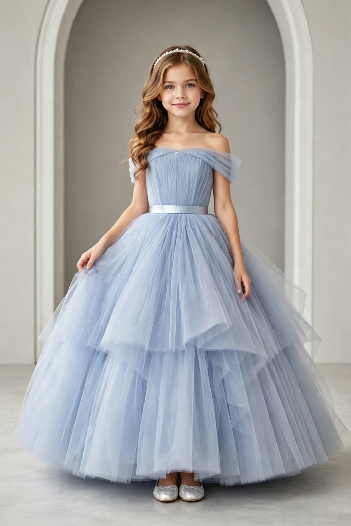 Blue Off Shoulder Tulle Satin Waist Layered Formal Flower Girl Dress