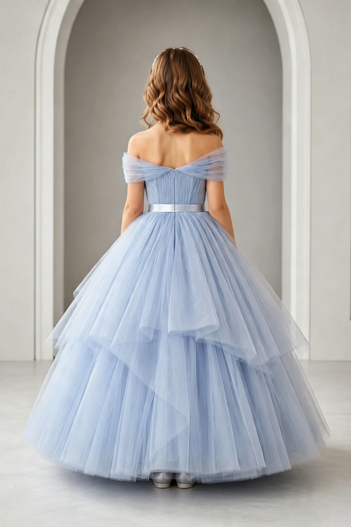 Blue Off Shoulder Tulle Satin Waist Layered Formal Flower Girl Dress