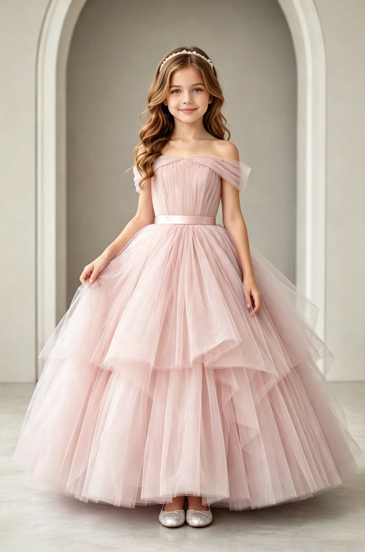 Blue Off Shoulder Tulle Satin Waist Layered Formal Flower Girl Dress