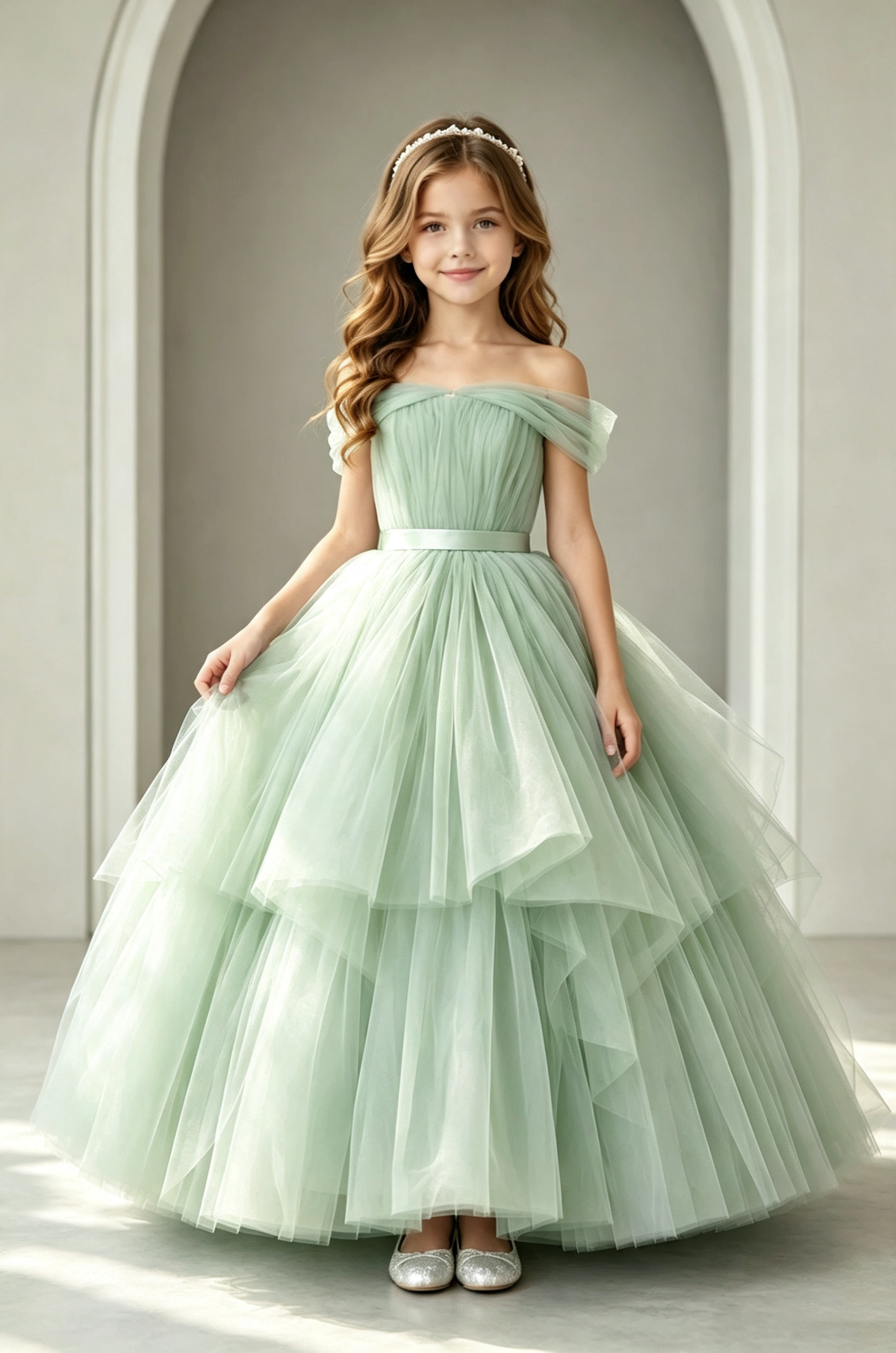 Blue Off Shoulder Tulle Satin Waist Layered Formal Flower Girl Dress