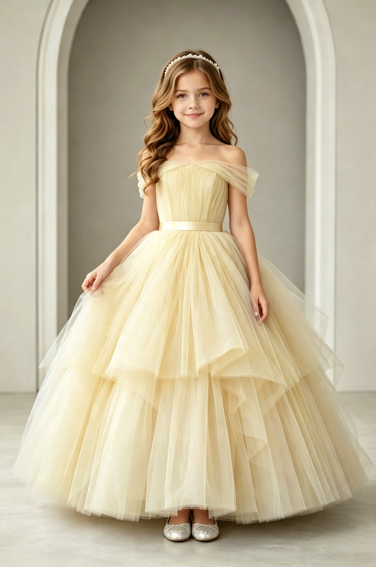 Blue Off Shoulder Tulle Satin Waist Layered Formal Flower Girl Dress