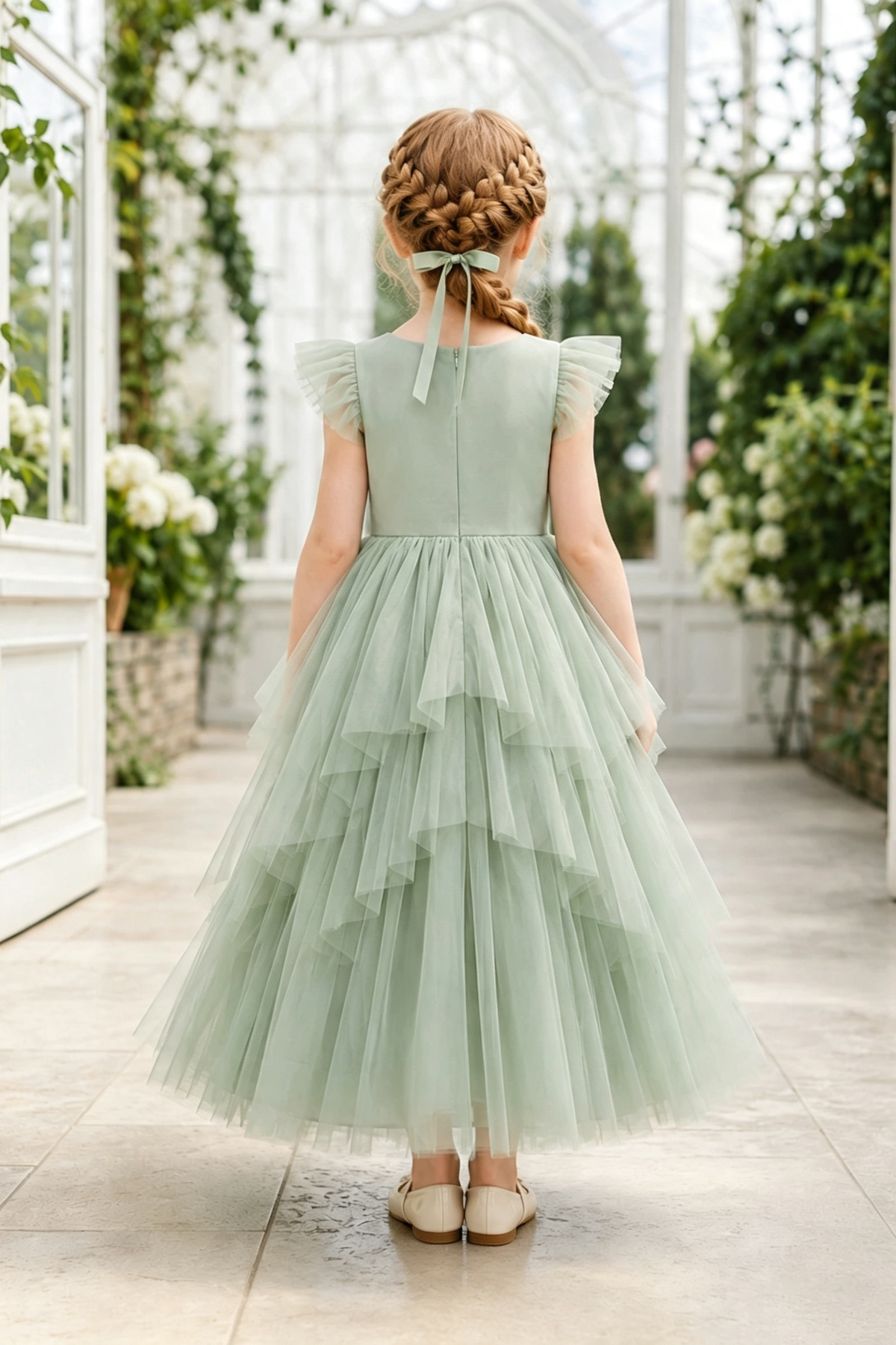 Sage Green Round Neck Ruffle Sleeve Tulle Layered A-Line Flower Girl Dress