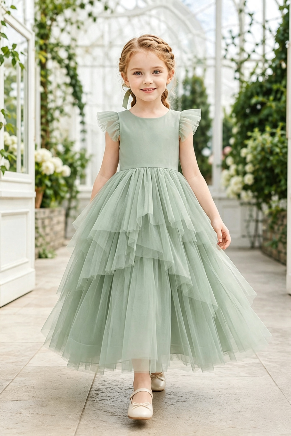 Sage Green Round Neck Ruffle Sleeve Tulle Layered A-Line Flower Girl Dress