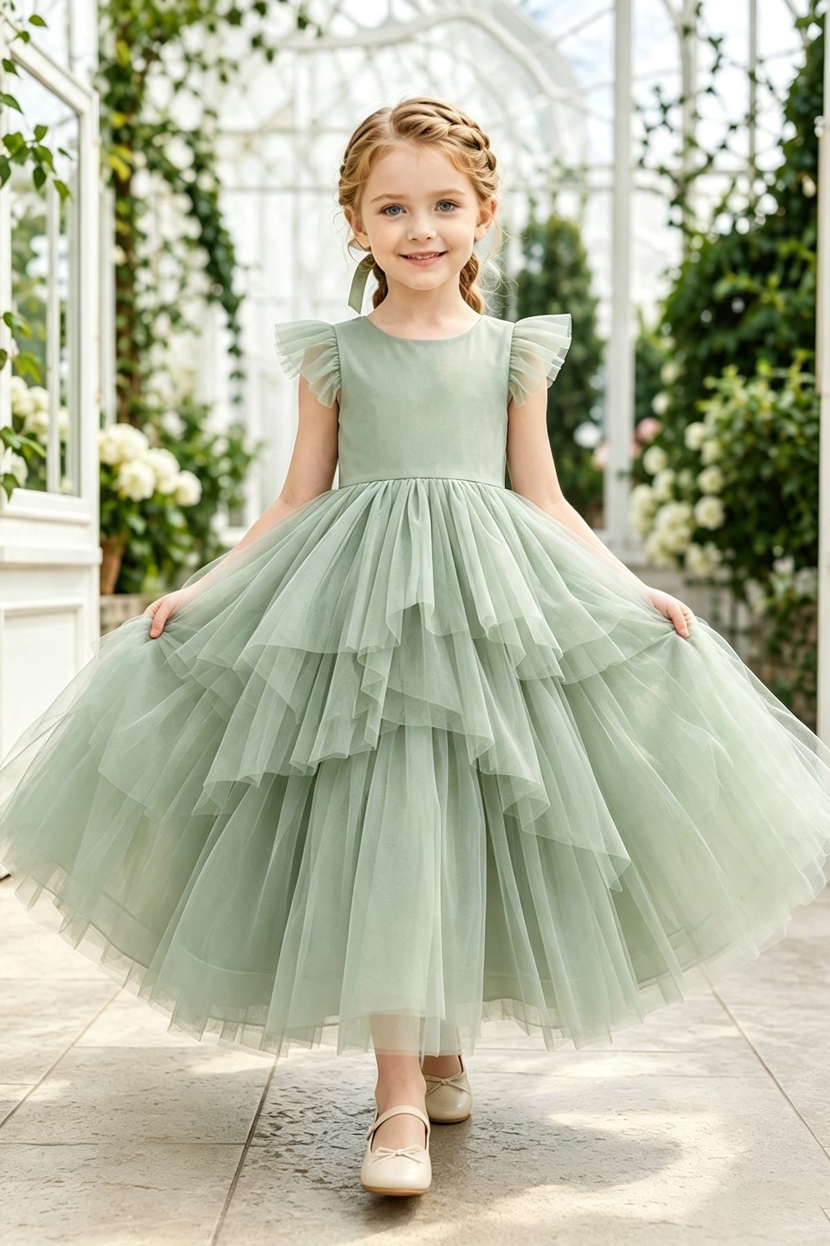 Sage Green Round Neck Ruffle Sleeve Tulle Layered A-Line Flower Girl Dress