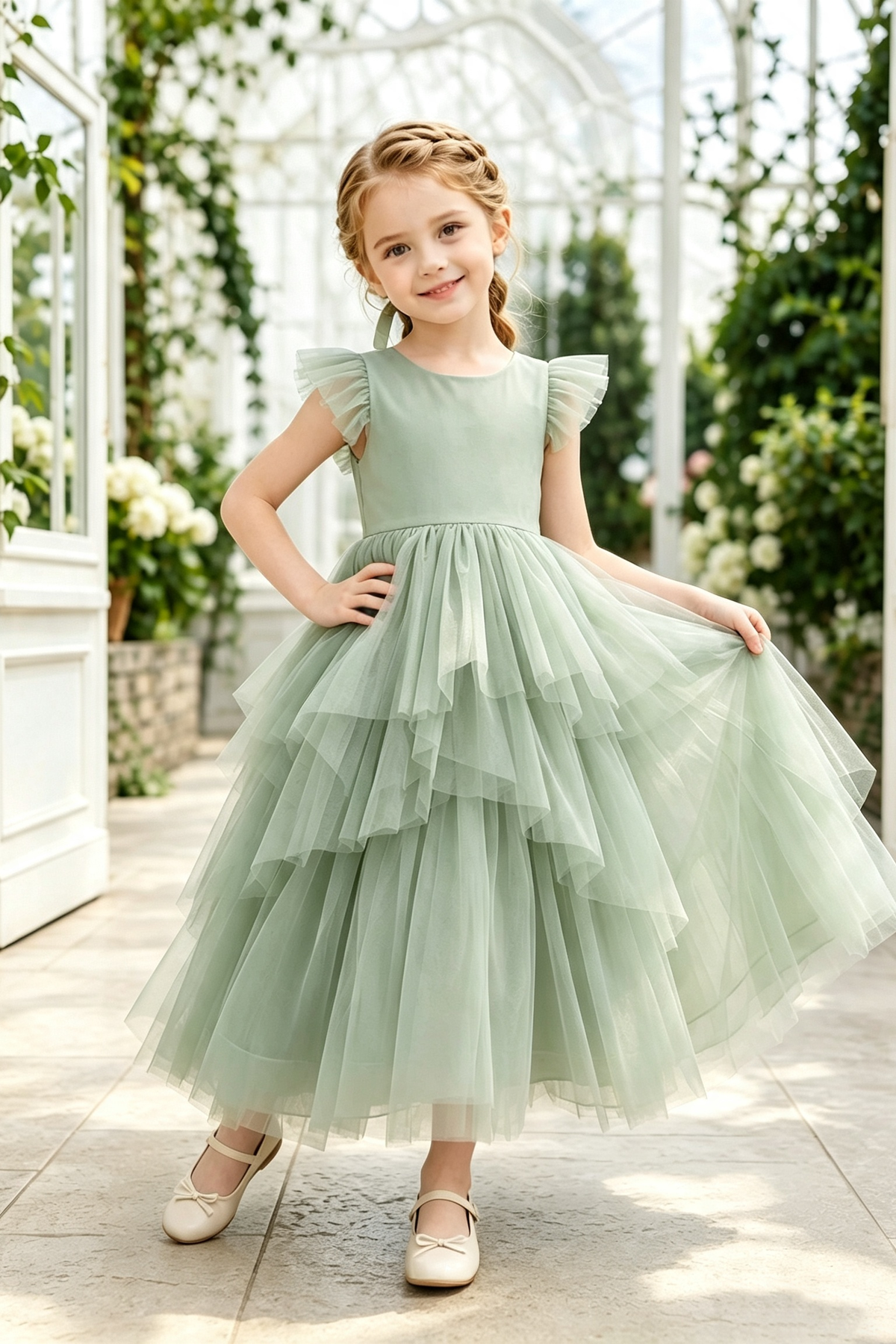 Sage Green Round Neck Ruffle Sleeve Tulle Layered A-Line Flower Girl Dress