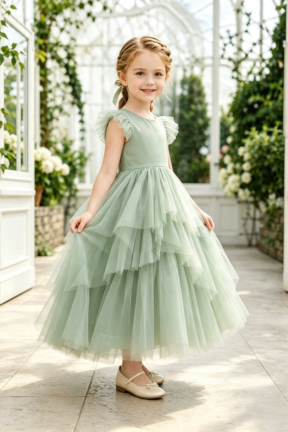 Sage Green Round Neck Ruffle Sleeve Tulle Layered A-Line Flower Girl Dress