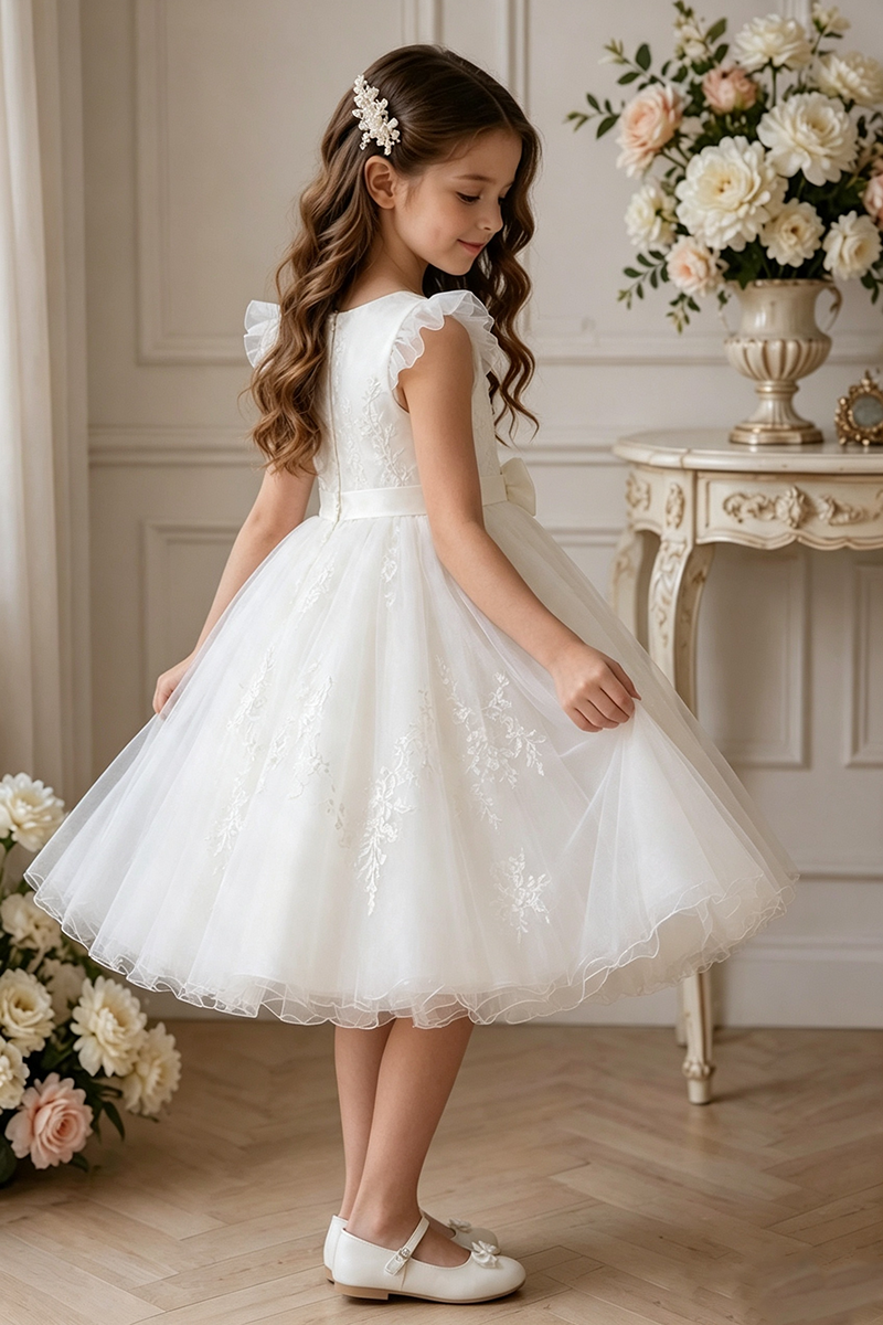Girls Ivory Lace Tulle Flower Girl Dress for Weddings with Ruffle Sleeves