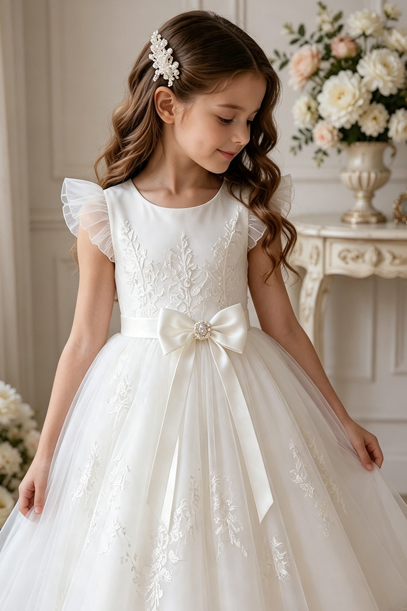 Girls Ivory Lace Tulle Flower Girl Dress for Weddings with Ruffle Sleeves