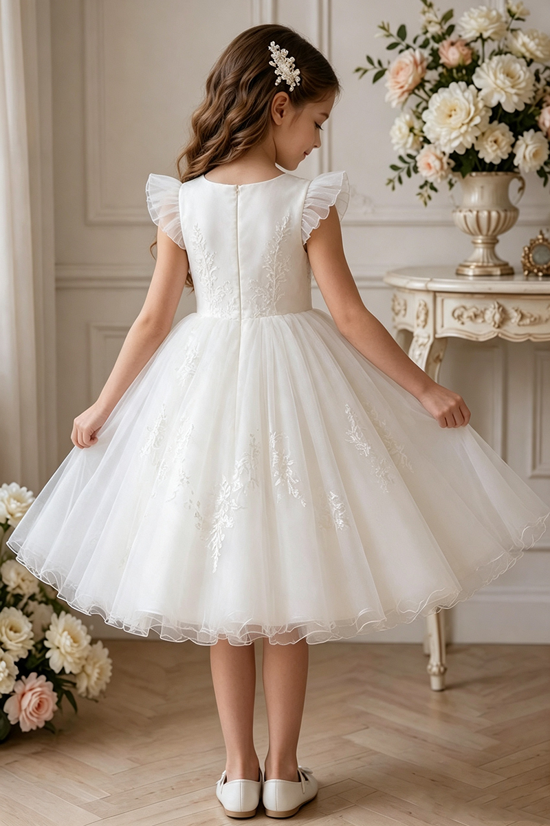 Girls Ivory Lace Tulle Flower Girl Dress for Weddings with Ruffle Sleeves