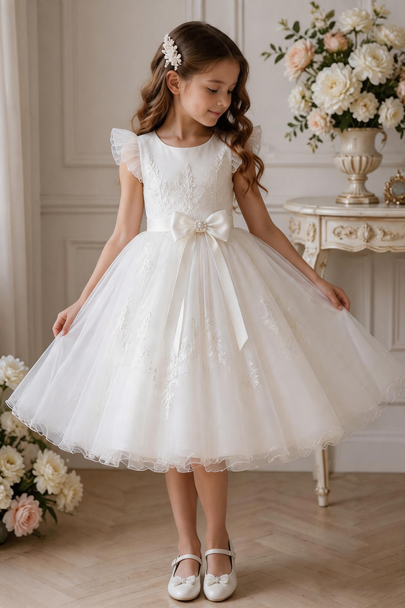 Girls Ivory Lace Tulle Flower Girl Dress for Weddings with Ruffle Sleeves
