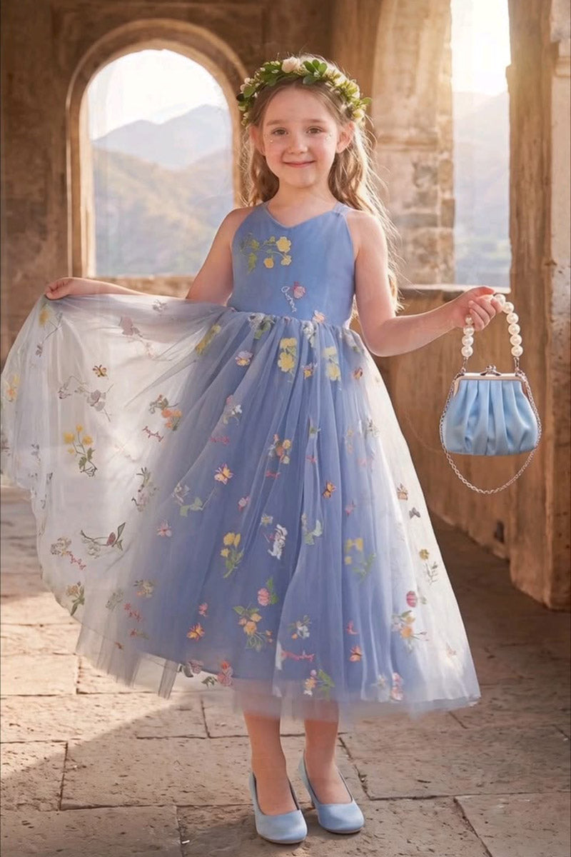 Girls Blue Floral Embroidery Tulle Flower Girl Dress for Weddings with Back Bow