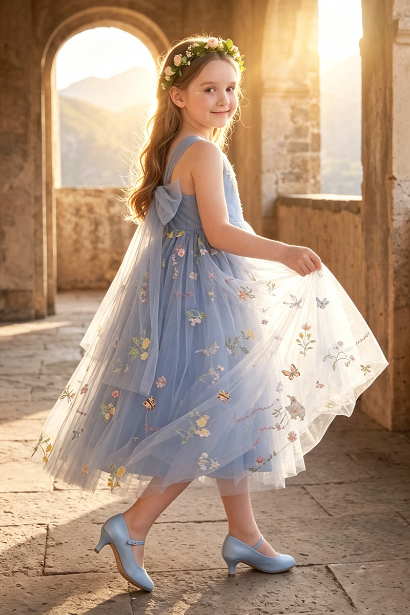 Girls Blue Floral Embroidery Tulle Flower Girl Dress for Weddings with Back Bow