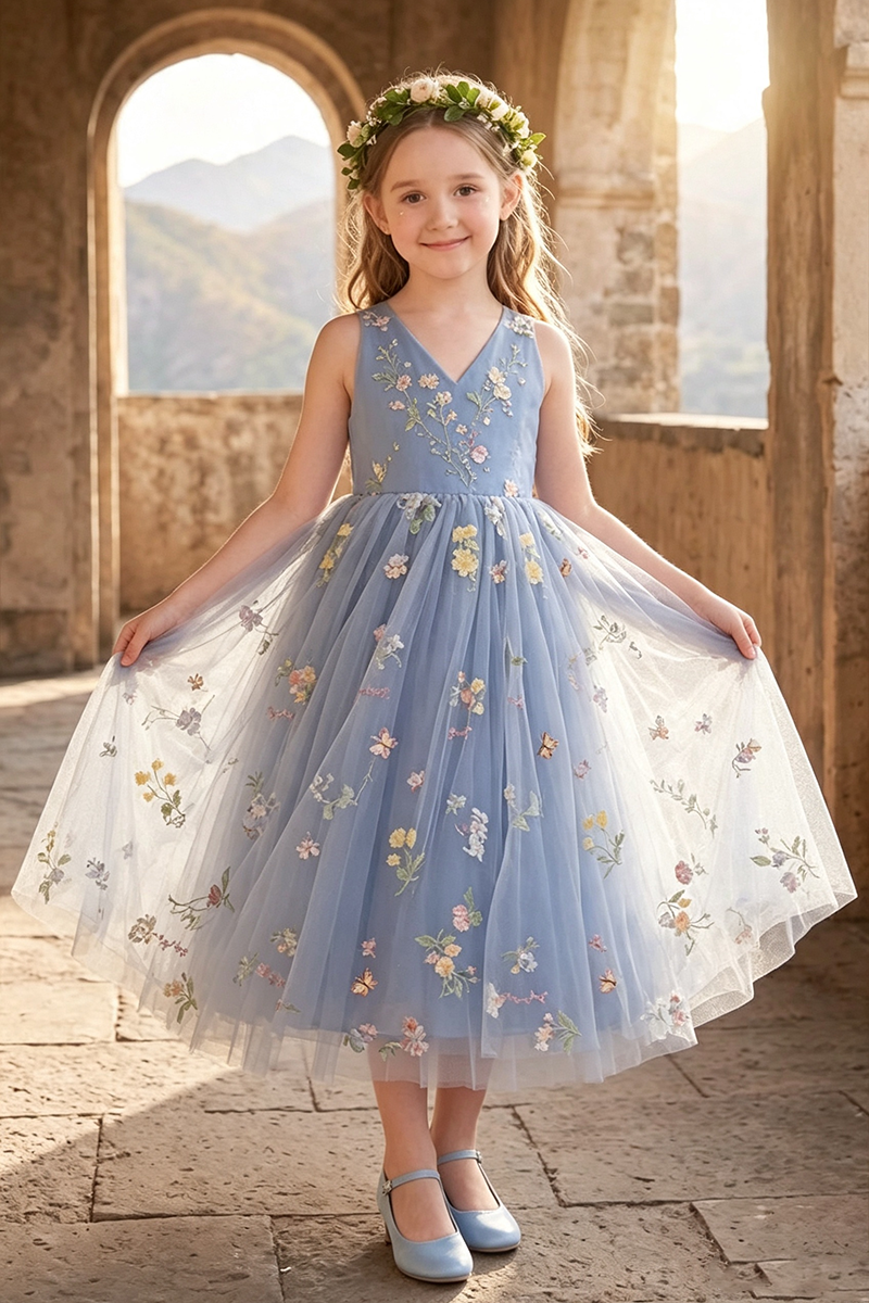 Girls Blue Floral Embroidery Tulle Flower Girl Dress for Weddings with Back Bow