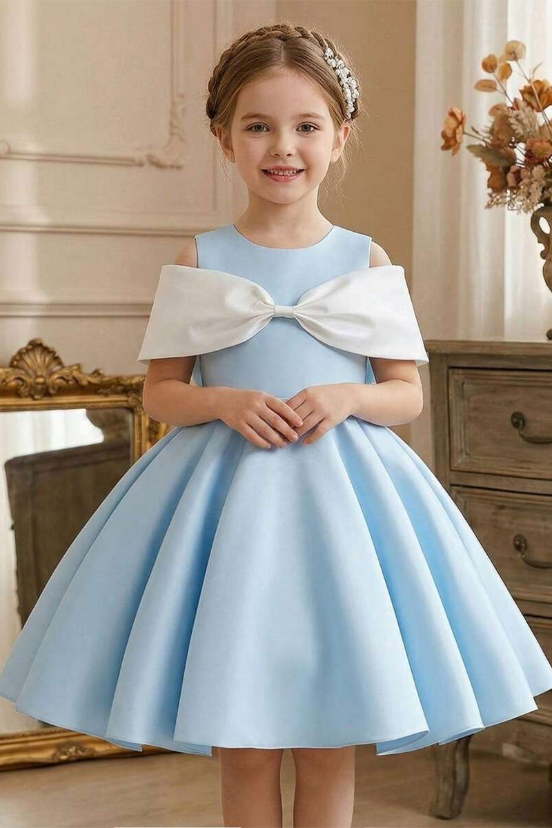 Girls Light Blue Satin Flower Girl Dress for Weddings with Contrast Bow Details