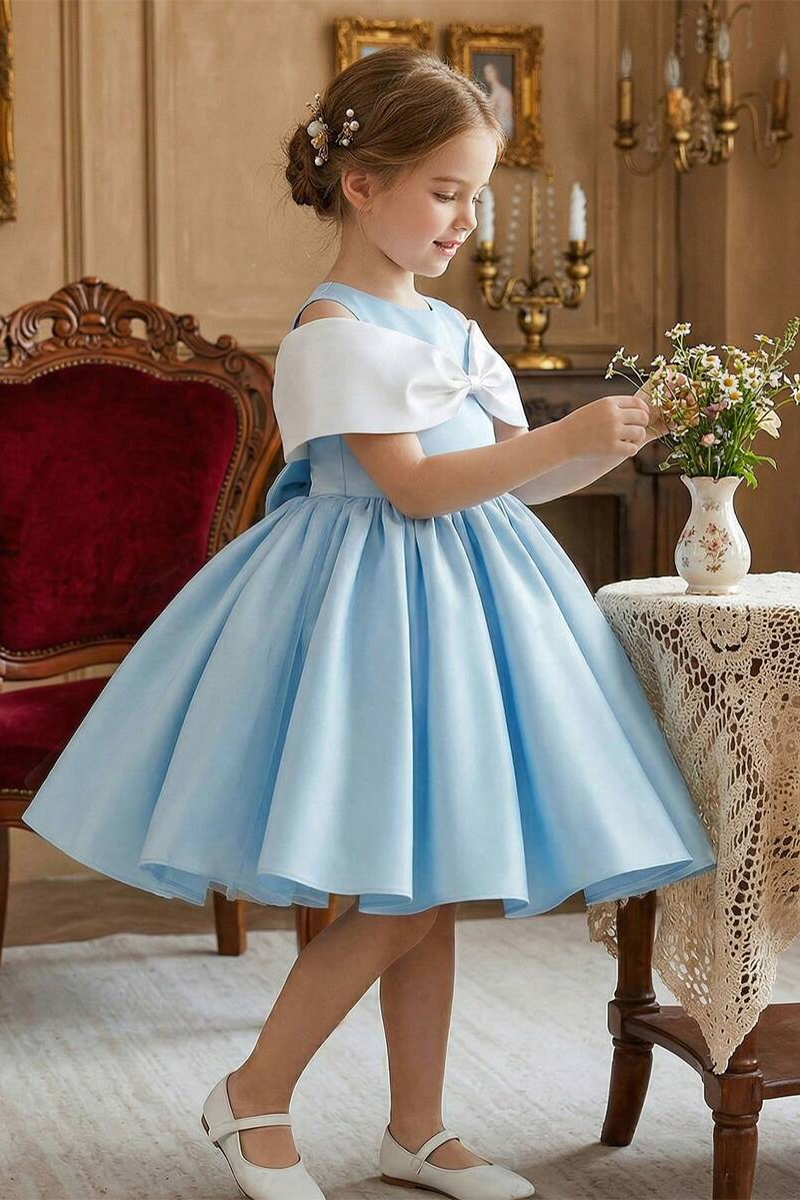 Girls Light Blue Satin Flower Girl Dress for Weddings with Contrast Bow Details