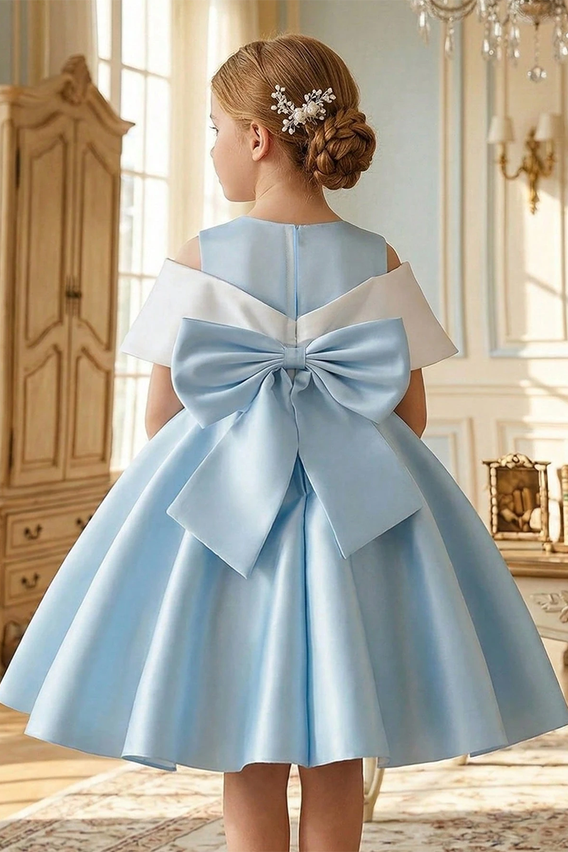 Girls Light Blue Satin Flower Girl Dress for Weddings with Contrast Bow Details