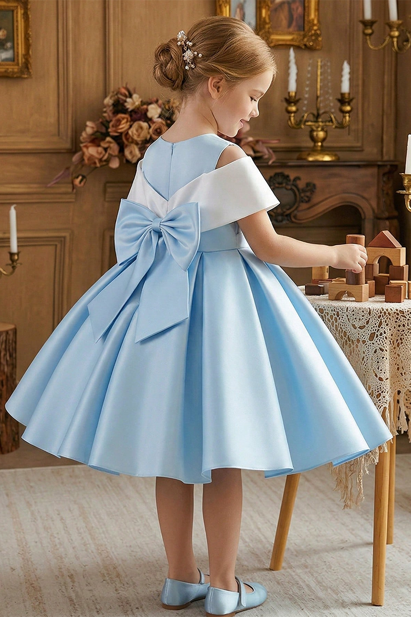 Girls Light Blue Satin Flower Girl Dress for Weddings with Contrast Bow Details