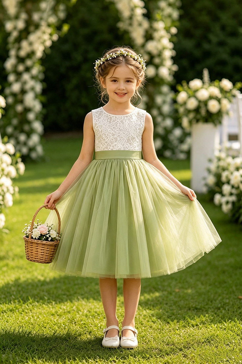 Girls Green Tulle Lace Flower Girl Dress for Garden Weddings with Satin Waistband